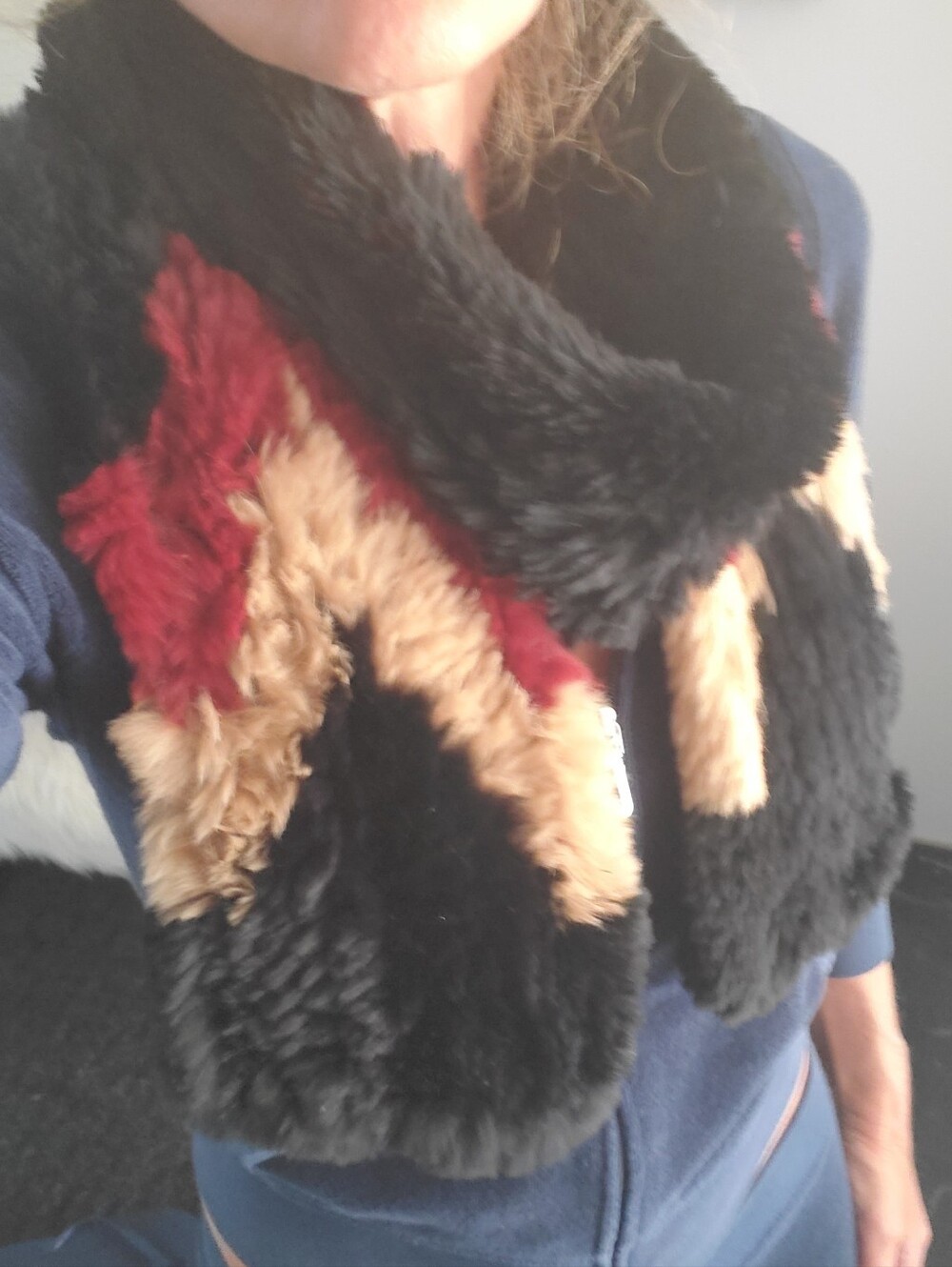 Real Fur Knit Weaved Chevron Design Patchwork Scarf in Black, Burgundy & Tan